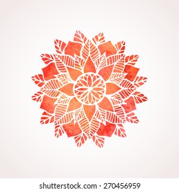 Watercolor red mandala. Geometric circled element for design. Lace watercolor flower pattern isolated on white background. Logo template. Vector illustration in oriental indian style