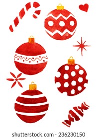 Watercolor red new year balls. Decoration elements. Vector illustration