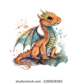 Watercolor red orange and black little cute baby dragon vector illustration.