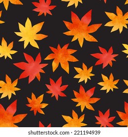 watercolor red and orange leaves seamless pattern on black background