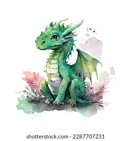 Watercolor red orange little cute baby dragon vector illustration.