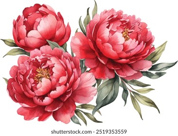 Watercolor red peony rose bouquet illustration. Hand draw rose flower