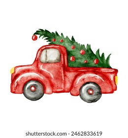 Watercolor red pickup, truck with Christmas tree, winter greeting card