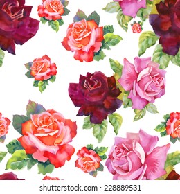Watercolor red and pink roses seamless pattern.on white background vector illustration