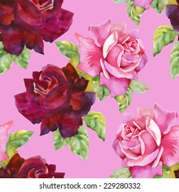 Watercolor red and pink roses seamless pattern.on pink background vector illustration