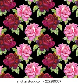 Watercolor red and pink roses seamless pattern.on black background vector illustration