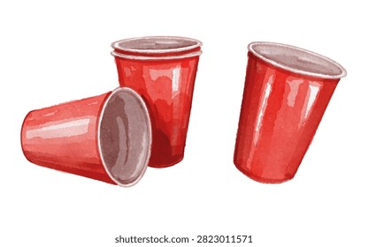 Watercolor red plastic cups isolated on white background