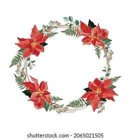 watercolor red poinsettia flower bouquet frame with dry twig  isolated on white background digital painting