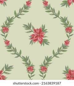 Poinsettia de color rojo acuarela, fondo de patrón transparente verde pastel. Tarjeta de felicitación de la estrella de Navidad. Se puede usar para textil, tela, papel envolvente, diseño. Ilustración de vector botánico de estilo mogol 