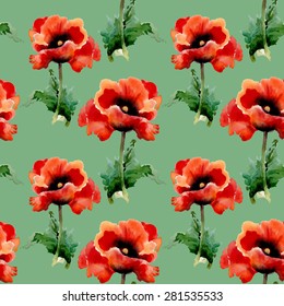 Watercolor red poppies flowers seamless pattern on green background vector illustration