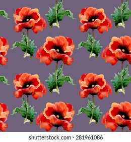 Watercolor red poppies flowers seamless pattern on purple background vector illustration