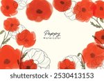 Watercolor red poppy frame background for graphic resources. Watercolor poppies illustration on a white background