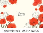 Watercolor red poppy frame background for graphic resources. Watercolor poppies illustration on a white background