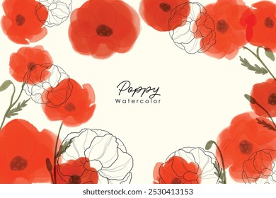 Watercolor red poppy frame background for graphic resources. Watercolor poppies illustration on a white background