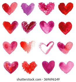 Watercolor red, purple, violet hearts set. Happy Valentine's day card