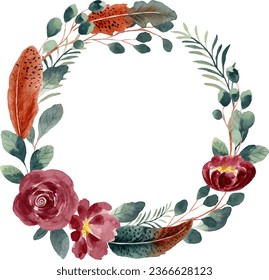 Watercolor red rose flower wreath for wedding, birthday, card, background, invitation, wallpaper, sticker, decoration etc.