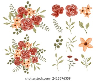 Watercolor Red Rose and Leaf Elements Collection