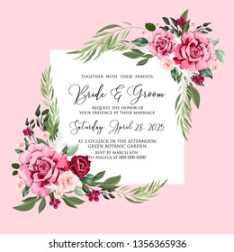 Watercolor red rose marsala peony herbal greenery wedding invitation vector floral template