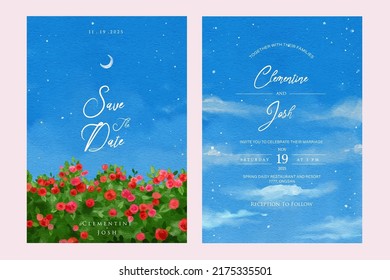 Watercolor red rose night sky landscape wedding invitation set template