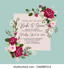 Watercolor red rose wedding invitation vector floral template