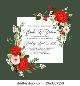 Watercolor red rose wedding invitation vector floral template