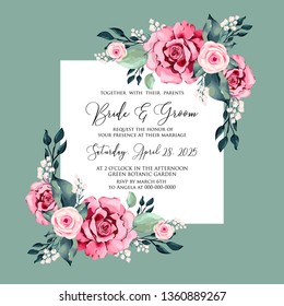 Watercolor red rose wedding invitation vector floral template