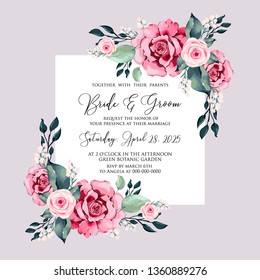 Watercolor red rose wedding invitation vector floral template