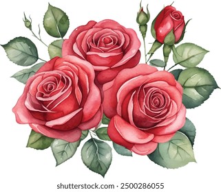 Watercolor red roses bouquet illustration. Hand draw rose flower