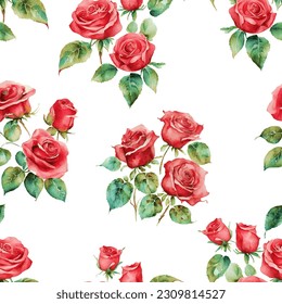 Watercolor red roses on white background. Seamless pattern, vector illustration.  Texture for fabric, wrapping, wallpaper. Decorative print.