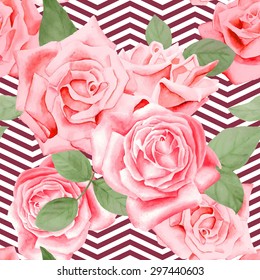 Watercolor red roses seamless pattern wit modern trendy geometrical background.