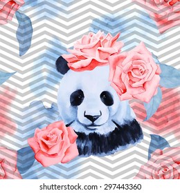 Watercolor red roses seamless pattern with panda and modern trendy geometrical background.