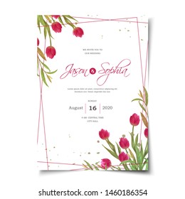 watercolor red tulips wedding invitation layout, cover, flyer template