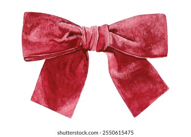 Watercolor red velvet bow. Vector hand drawn illustration isolated on white background.