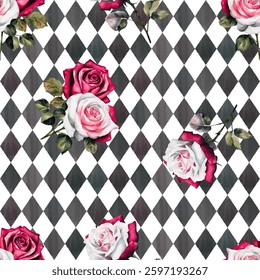 Watercolor red and white roses  on checkered background. Wonderland seamless pattern of Mad Hatter. 
Vector illustration. Texture for fabric, wrapping, wallpaper. Decorative print.