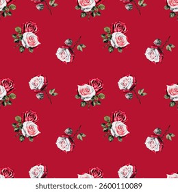 Watercolor red and white roses  on red background. Wonderland seamless pattern of Mad Hatter. 
Vector illustration. Texture for fabric, wrapping, wallpaper. Decorative print.