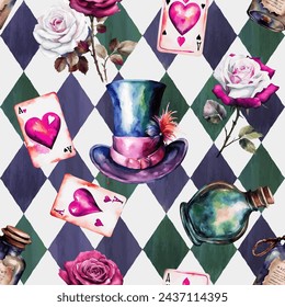 Watercolor red and white roses, poison, hat, cards  on checkered background. Wonderland seamless pattern of Mad Hatter. Vector illustration.  Texture for fabric, wrapping, wallpaper, print