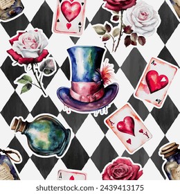 Watercolor red and white roses, poison, hat, cards  on checkered background. Wonderland seamless pattern of Mad Hatter. 
Vector illustration.  Texture for fabric, wrapping, wallpaper, print