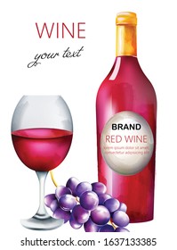 Watercolor red wine composition with bottle, grapes and filled glass