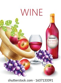 Watercolor red wine composition with bottle, grapes, apple, artichoke, berries and filled glass