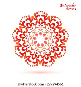 watercolor  red-orange  circular openwork element - snowflake, flower, folk style. vector illustration.
