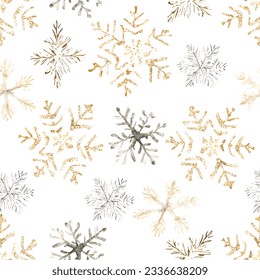 Watercolor repeated seamless christmas pattern with gold and silver snowflakes, vintage vector background for design winter prints.