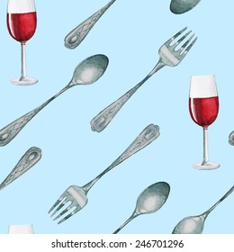 Watercolor restaurant seamless pattern. Hand drawn wine, fork and spoon. Repeating food and drink background in vector