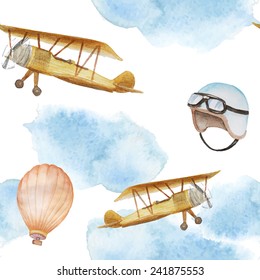 Watercolor retro airplane in clouds and balloon pattern . Vintage seamless texture with hand drawn illustrations in vector