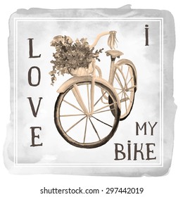 Watercolor retro bicycle with roses illustration. Isolated. Stock vector. T-shirt design print.