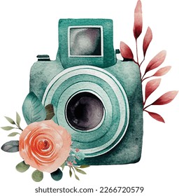 Watercolor Retro Cameras Clipart Vintage floral Shabby Cameras PNG isolated on white background.