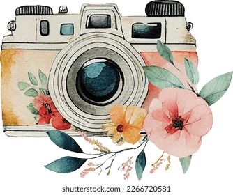 Watercolor Retro Cameras Clipart Vintage floral Shabby Cameras PNG isolated on white background.