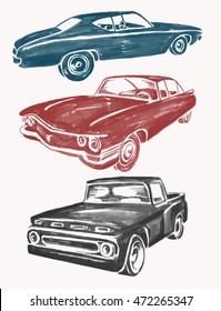 Watercolor retro cars set. Vintage cars vectors.