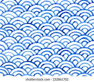 Watercolor Retro Fish Scales Texture. Vector Seamless Pattern.