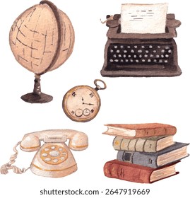 Watercolor Retro Invention and Communication Tools – Typewriter, Globe, Phone, Pocket Watch, Books – Vintage Study Illustration. Isolated hand drawn elements. Soft brown painting. Realistic cozy vibe.