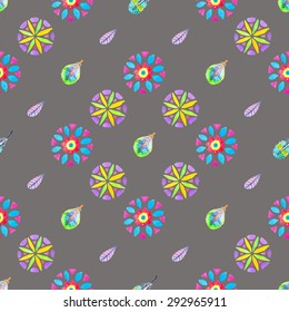 Watercolor Retro pattern of geometric shapes. Colorful texture with circles and flowers, Vector